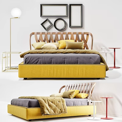 Stylish Double Bed With Wooden Headboard Yellow Frame Gray Mattress Decorative Pillows And Wall Art 3d model