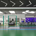 Modern Automobile Service Workshop Layout With Green Floor Multiple Vehicles And Circular Equipment