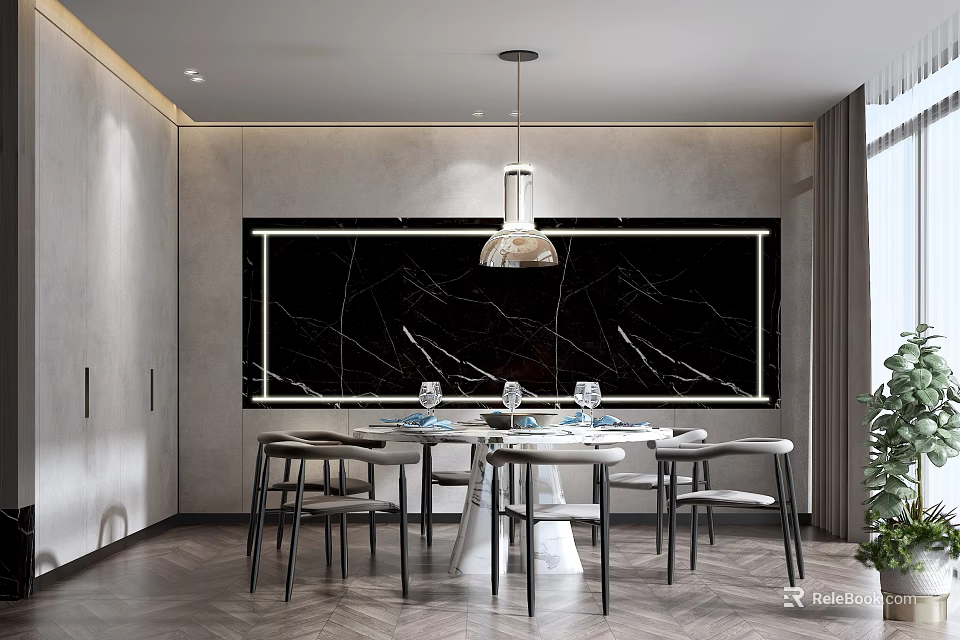 Modern Minimalist Dining Table Set With Marble Wall Backdrop Pendant Light And Tableware 3d model
