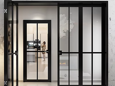 Modern Black Framed Glass Doors Opening To Bright Interior Living Area 3d model