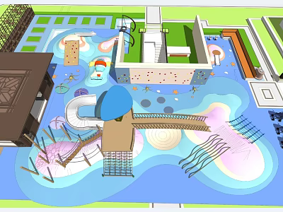 Kids Playground Design With Colorful Flooring Slide Climbing Structures Water Pool And Bridge 3d model