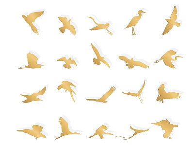 Collection of Golden Flying Animals Silhouettes in Various Poses and Styles 3d model