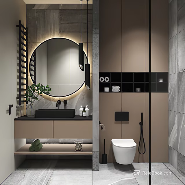 Modern Bathroom Interior With Circular Backlit Mirror Vanity Cabinet Toilet And Decorative Plant On Neutral Tones 3d model 