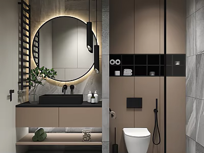 Modern Bathroom Interior With Circular Backlit Mirror Vanity Cabinet Toilet And Decorative Plant On Neutral Tones 3d model