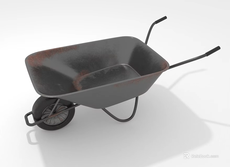 Rusted Metal Garden Wheelbarrow With Black Handles And Single Metal Wheel 3d model 