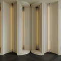 Modern White Curved Partitions With Integrated Lighting And Herringbone Wooden Floor Interior