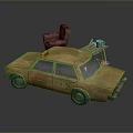 Yellow Old Taxi With Red Chair Small Table Blue Teapot And Green Cup On Roof