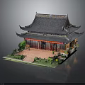 Traditional Chinese Architecture Model with Curved Eaves Black Tiles Red Pillars and Garden Surroundings
