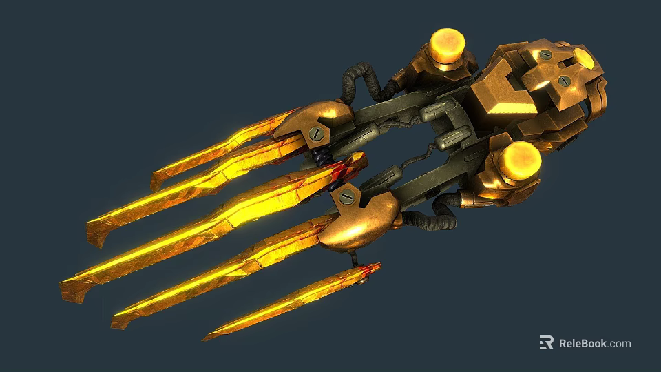 Golden Mechanical Sci Fi Weapon With Glowing Blades And Robotic Structure 3d model 