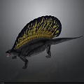 Gray Prehistoric Dinosaur With Blue And Yellow Fan Shaped Sail And Open Mouth