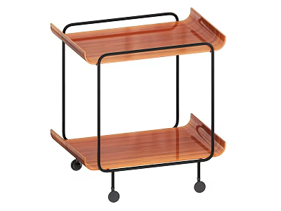 Two Tier Wooden Tray Coffee Table With Black Metal Frame And Wheels 3d model