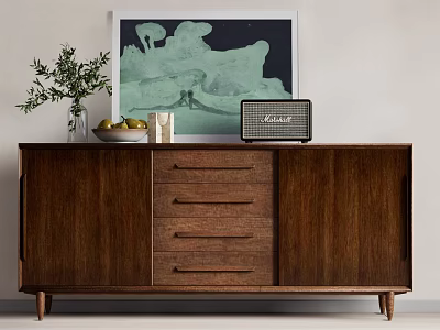 Elegant Walnut Console Cabinet With Drawers Plant Radio And Fruit Decor 3d model