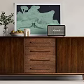 Elegant Walnut Console Cabinet With Drawers Plant Radio And Fruit Decor