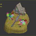 Cartoon Scene Featuring Small House On Yellow Grass With Green Trees Pathway And Pink Flowers