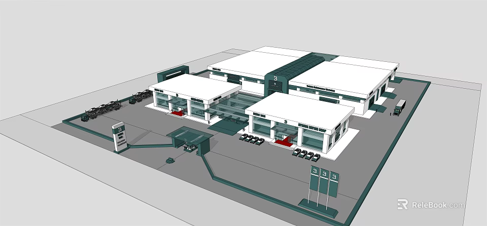 Modern Commercial Complex Design With Multiple Buildings Parking Area And Glass Facades 3d model 