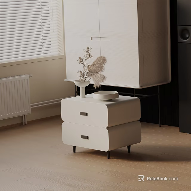 Minimalist White Bedside Table With Two Drawers Decorative Vase And Bowl On Wooden Floor 3d model 
