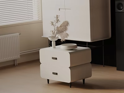 Minimalist White Bedside Table With Two Drawers Decorative Vase And Bowl On Wooden Floor 3d model
