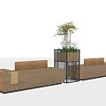 Modern Outdoor Landscape Seating With Wooden Structure And Green Potted Plants