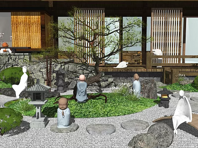 Japanese Courtyard Garden With Stone Lanterns Monk Statues Dry Landscape Pebbles And Pine Tree 3d model