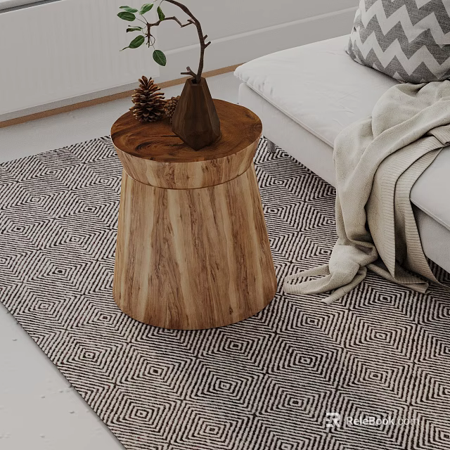 Wooden Side Table With Decorative Items Next To Sofa On Patterned Rug 3d model