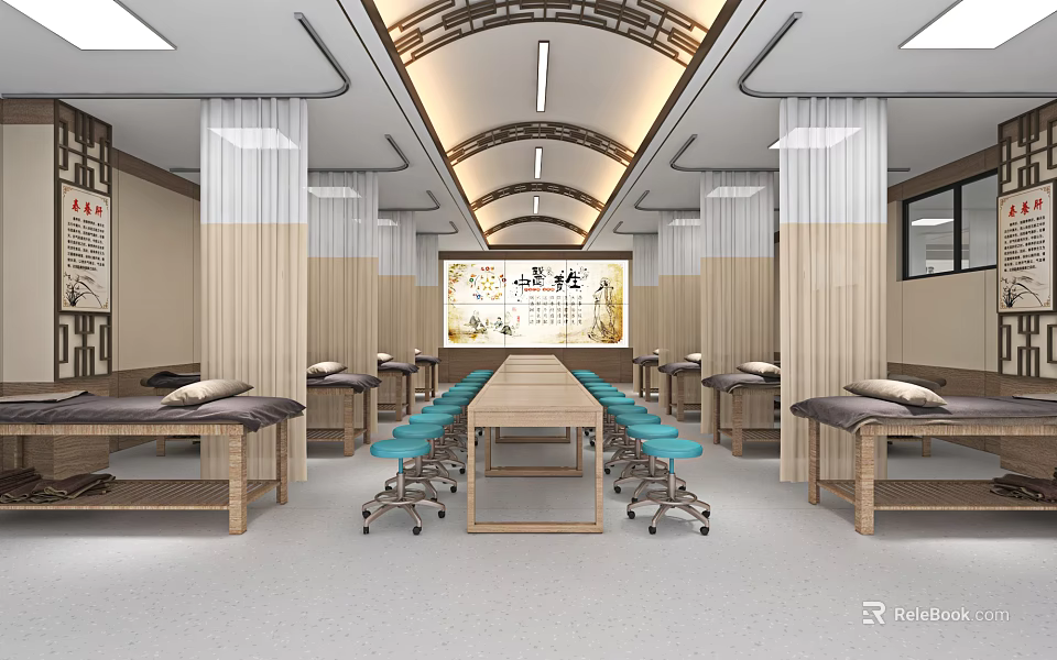 Traditional Chinese Medicine Clinic Interior With Long Table Blue Chairs And Calligraphy Artwork 3d model 