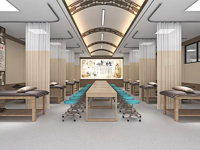 Traditional Chinese Medicine Clinic Interior With Long Table Blue Chairs And Calligraphy Artwork 3d model