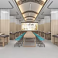 Traditional Chinese Medicine Clinic Interior With Long Table Blue Chairs And Calligraphy Artwork