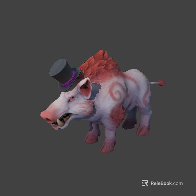 Boar Character With Top Hat Red Mane And White Body Red Swirl Patterns 3d model 