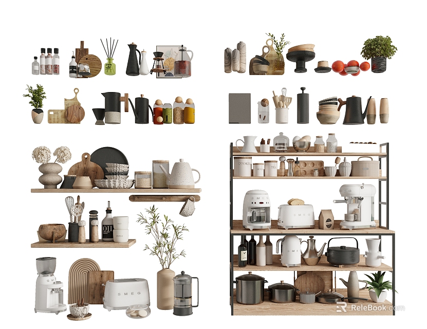 Kitchenware Display On Organized Shelves With Jars Mugs Coffee Makers Pots And Plants 3d model 