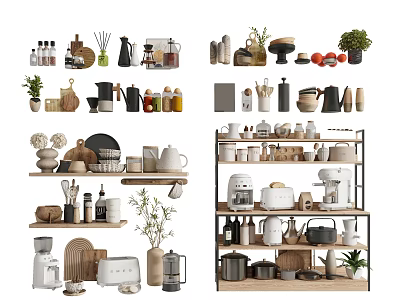 Kitchenware Display On Organized Shelves With Jars Mugs Coffee Makers Pots And Plants 3d model