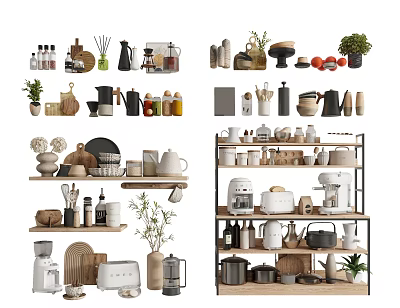 Kitchenware Display On Organized Shelves With Jars Mugs Coffee Makers Pots And Plants 3d model