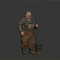 Fisherman Wearing Fishing Gear Holding Rod Near Green Bucket and Muddy Pants