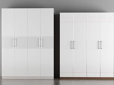 Two Modern White Wardrobes With Silver Handles Horizontal Lines Dot Patterns And Wooden Base 3d model