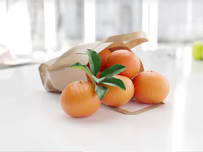 Fresh Oranges in Paper Bag with Green Leaves on White Countertop 3d model