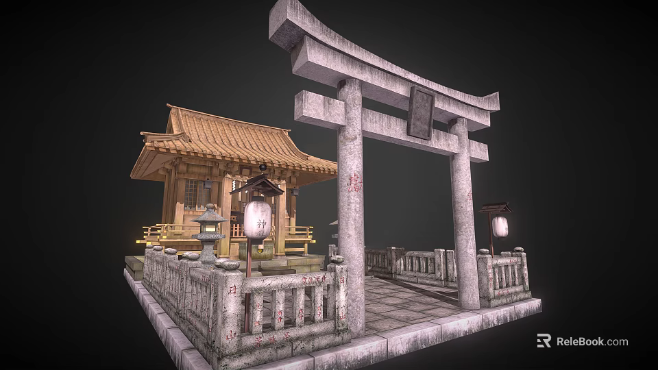 Traditional Ancient Architecture Featuring Torii Gate Wooden Pavilion Tiled Roof Stone Railings and Lanterns 3d model 