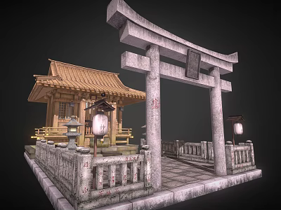 Traditional Ancient Architecture Featuring Torii Gate Wooden Pavilion Tiled Roof Stone Railings and Lanterns 3d model