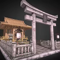 Traditional Ancient Architecture Featuring Torii Gate Wooden Pavilion Tiled Roof Stone Railings and Lanterns