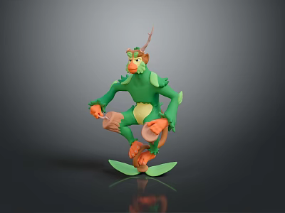 Green Antlered Game Movie Character With Yellow Belly Brown Hands Feet Standing On Leaf 3d model