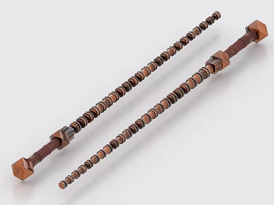 Two Traditional Wooden Weapons With Metal Heads And Circular Metal Pieces 3d model