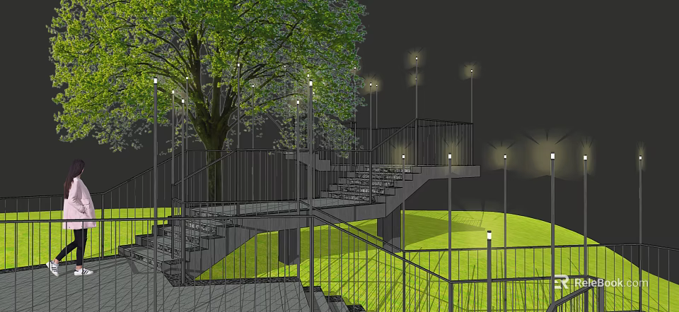 Outdoor Lights Illuminating Garden Staircase With Railing And Tree In Grassland 3d model 