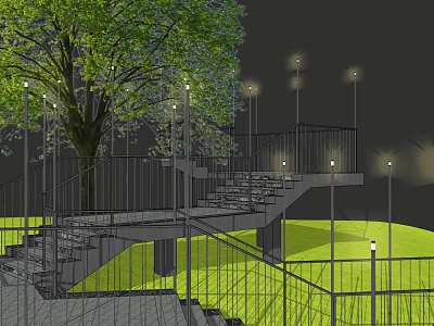 Outdoor Lights Illuminating Garden Staircase With Railing And Tree In Grassland 3d model