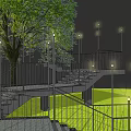 Outdoor Lights Illuminating Garden Staircase With Railing And Tree In Grassland