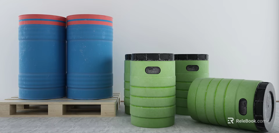 Industrial Equipment Blue Drums With Red Stripes And Green Barrels Stacked On Wooden Pallet 3d model 