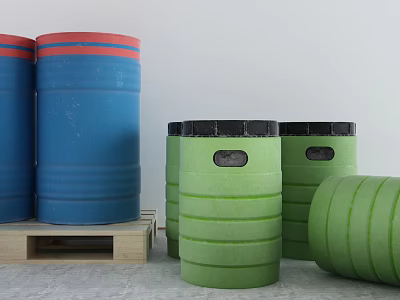Industrial Equipment Blue Drums With Red Stripes And Green Barrels Stacked On Wooden Pallet 3d model