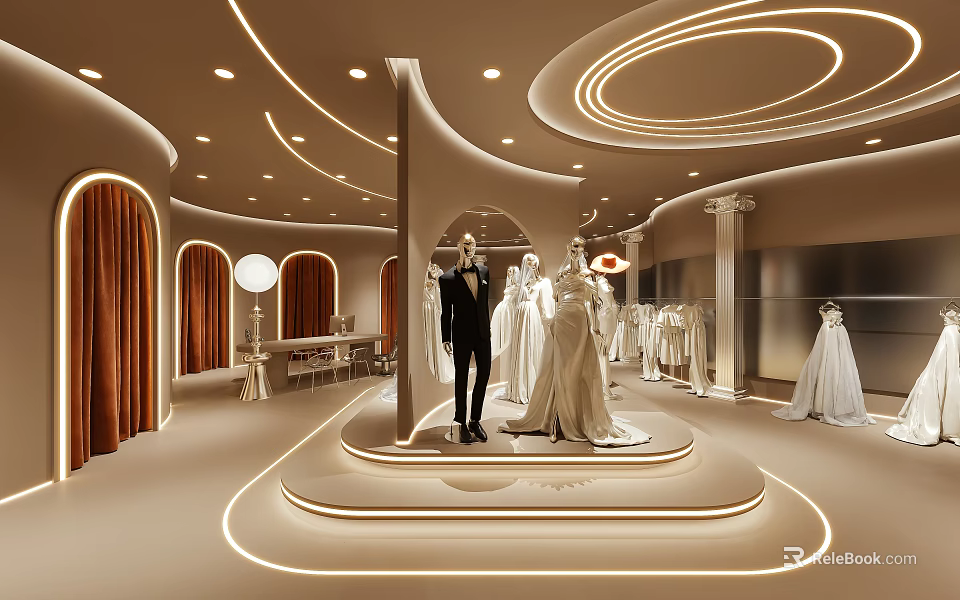 Elegant Modern Bridal Store Display With Circular Platform Mannequins Bridal Gowns And Lighting 3d model 