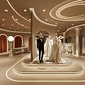 Elegant Modern Bridal Store Display With Circular Platform Mannequins Bridal Gowns And Lighting