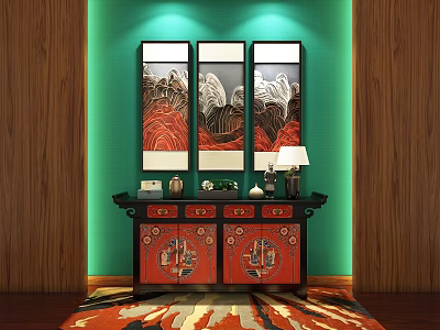 Traditional Chinese Entryway Sideboard Cabinet With Red Doors Green Wall And Decorative Paintings 3d model