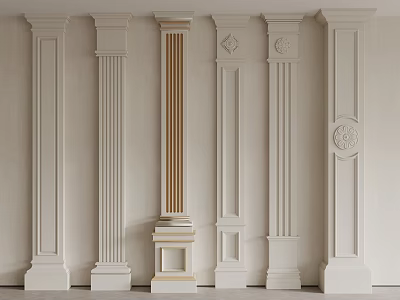 Various White Classical Columns With Decorative Carvings And Gold Accents 3d model