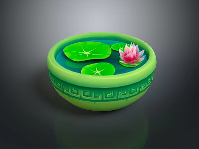 Pink Lotus Flower And Green Lily Pads In Green Patterned Bowl On Water Surface 3d model