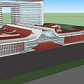 Modern Architectural Building With Red Curved Roof Green Trees Lawn And People